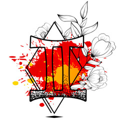 gemini zodiac symbol tattoo watercolor splatter flowers lines illustration in vector format