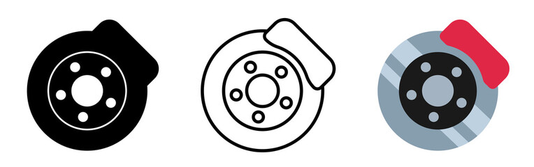 The braking system of a car. Brake disc and pad. Vector clipart set isolated on white background.