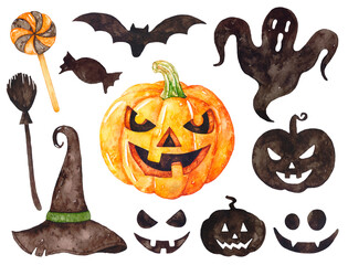 Watercolor set of halloween icons, pumpkins, witch hat, ghost, rat, candy, lollipop on white background.