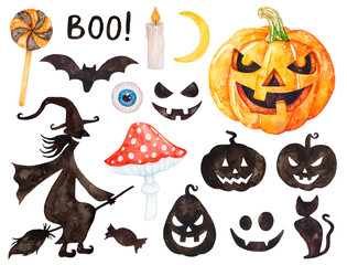 Watercolor set of halloween icons, witch, pumpkins, fly agaric, rat, candle, lollipop etc.