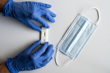 negative covid19 test, hands in protective gloves, protective mask, space for text