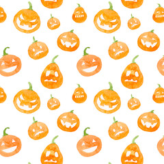 Watercolor seamless Halloween pattern with pumpkins. Scary smiling pumpkins on white backgound.