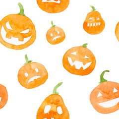 Watercolor halloween pumpkin seamless pattern. Scary smiling pumpkin faces.