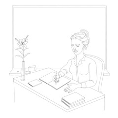 Silhouettes of a girl in a modern one line style. female teacher sitting at the table. Continuous line, aesthetic outline for decor, posters, wall art, stickers, logo. vector illustration.