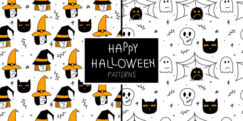 Halloween set seamless, pattern with spider, monster, ghost, witch, cat and skull. Creepy vector illustration on 31 October.