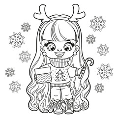 Cute cartoon longhaired girl in headband with deer antlers and sweater with a gift in hand coloring page on white background