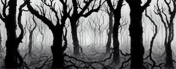 Foggy forest. Dark tree silhouette. Tree trunks in mist. Fog in night forest vector illustration.