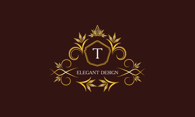 Fototapeta premium Golden logo template for label or vintage signs with letter T. Geometric ornament, isolated design, gold on dark background. Elegant fashionable lace