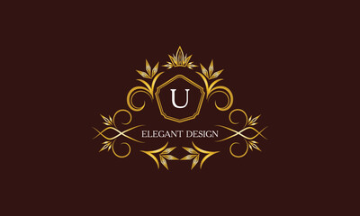 Golden logo template for label or vintage signs with letter U. Geometric ornament, isolated design, gold on dark background. Elegant fashionable lace