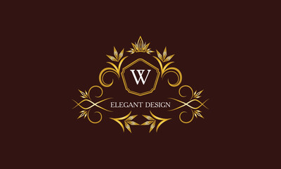 Golden logo template for label or vintage signs with letter W. Geometric ornament, isolated design, gold on dark background. Elegant fashionable lace
