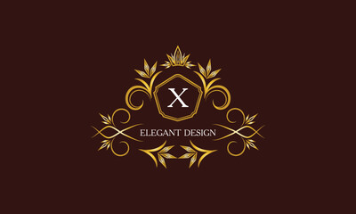 Golden logo template for label or vintage signs with letter X. Geometric ornament, isolated design, gold on dark background. Elegant fashionable lace