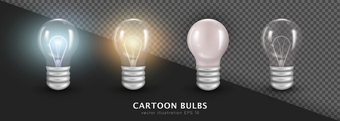 Collection of  four 3d switched on and off incandescent bulbs. Vector cartoon white and transparent glowing Edison light bulbs. Realistic glossy filament lamps. Electricity turned on and off