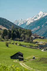 Austrian landscape village with alps on the background