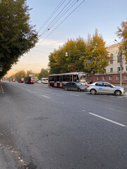  Old soviet retro tram. Novosibirsk, Russia. Car-Tram accident where car stopped in the railway and was hit by the tram.