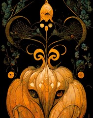 Halloween card. Horror evil big pumpkin by Art-Nouveau style