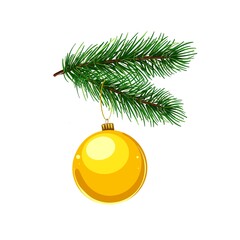 Spruce branch with a yellow Christmas ball