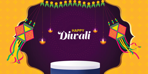 diwali sale banner template with hanging lantern and podium