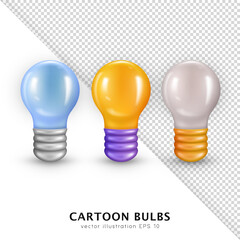 Collection of three dimensional colorful incandescent bulbs. Vector cartoon glossy blue, yellow and white retro lightbulbs. Realistic lamps with highlights for decoration. Electricity 3d icons