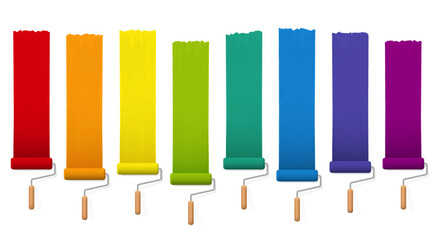Paint rollers with colorful bright color fields, red, orange, yellow, green, blue, purple. Painting tools with wooden handles for artists and decorators to paint walls or large screens.
