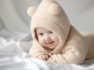 Happy baby on a white blanket. Motherhood and health. 4 month old baby