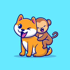 Cute Dog And Monkey Cartoon Vector Icon Illustration. Animal Nature Icon Concept Isolated Premium Vector. Flat Cartoon Style