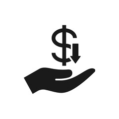 Dollar down on hand. Decreasing value of money flat icon isolated on white background. Vector illustration