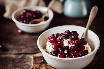 cottage cheese dessert with berries, strawberries, raspberries, blueberries, grapes, fruits, cinnamon, vegan, milk dessert