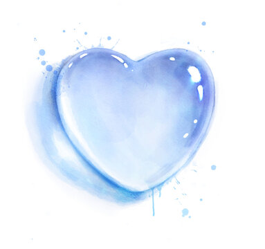 Watercolor illustration of heart shape water drop