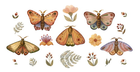Set of watercolor illustrations, abstract butterflies and plants.