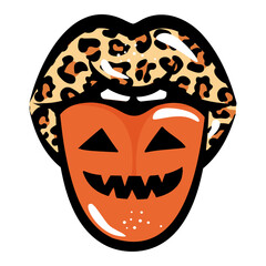 Happy Halloween lips in leopard color and with pumpkin lantern tongue. Good for T-shirts, decoration, funny Halloween costume or decoration.