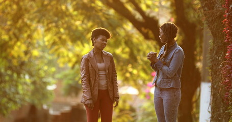 Candid African women talking outside exchanging ideas and conversation