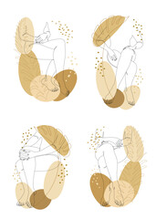 Collection. Silhouettes of a girl in a modern single line style and a leaf of a plant. Woman continuous line drawing, decor aesthetic outline, posters, wall art, stickers, logo. Vector illustration se