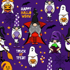 Fototapeta na wymiar Garden gnomes in Halloween cotume - funny drawing seamless pattern. wallpaper, wrapping paper. Happy Halloween Day. Witch, broom, Dracula troll cartoon design.