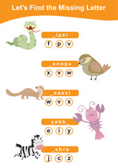 Word game sheet. Complete the words. Animals Theme Names Worksheet. Educational activity for preschool kids. Vector illustration.