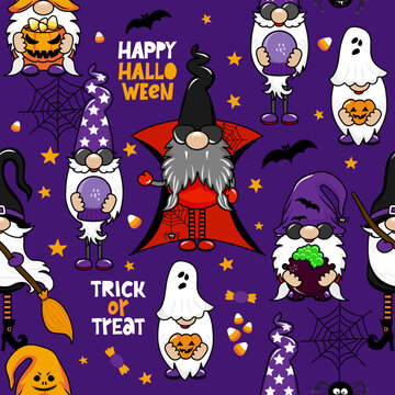 Garden gnomes in Halloween cotume - funny drawing seamless pattern. wallpaper, wrapping paper. Happy Halloween Day. Witch, broom, Dracula troll cartoon design.