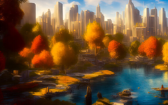 Autumn cityscape painting. Urban city, skyscraper buildings. Park landscape, yellow fall. Orange leaves. Cartoon cityscape illustration. Watercolor, oil paint. Water, pond, lake in autumn city park.