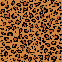 Vector seamless pattern. Animal jaguar skin background with black and brown spots on beige backdrop. Abstract exotic jungle texture. Repeat design for decor, fabric, textile, wallpapers