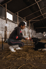 Vertical photo of a woman feeding a small calf in a farm