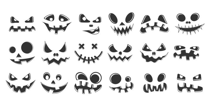 Collection of Halloween pumpkins Black and white carved faces silhouettes.