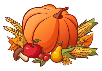 Harvested vegetables and fruits illustration isolated. Vector composition of pumpkin, apple, pear, corn and mushroom