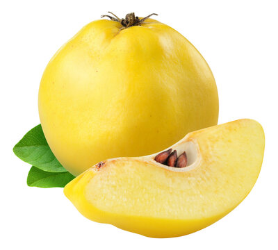 One whole quince fruit and a piece cutout