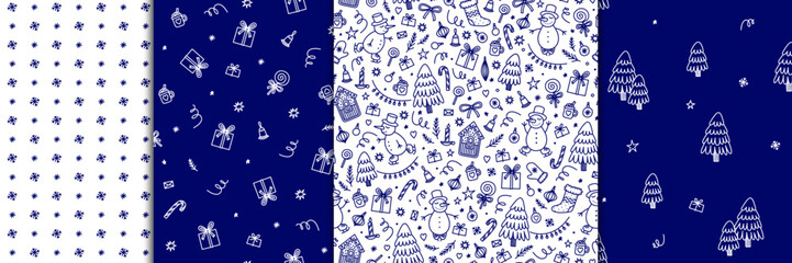 Set of Christmas seamless pattern in doodle style. Vector illustration for wrapping paper