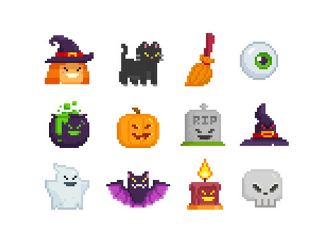 Pixel Art Happy halloween cartoon objects isolated vector collection.  Set of Cute Witch, Ghost, Eye, Bat in 8-bit retro computer game style. Happy Halloween icons 