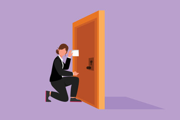 Graphic flat design drawing young woman eavesdropping at door. Curious businesswoman listening to conversation in front of the closed door. Privacy violation concept. Cartoon style vector illustration
