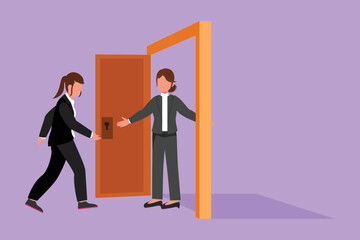 Character flat drawing cute businesswoman at the door welcomes her friend in. Female manager is inviting her friend to get into her house. Hospitality or friendship. Cartoon design vector illustration