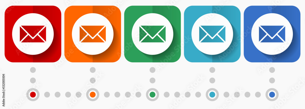 Poster email, envelope vector icons, infographic template, set of flat design symbols in 6 color options