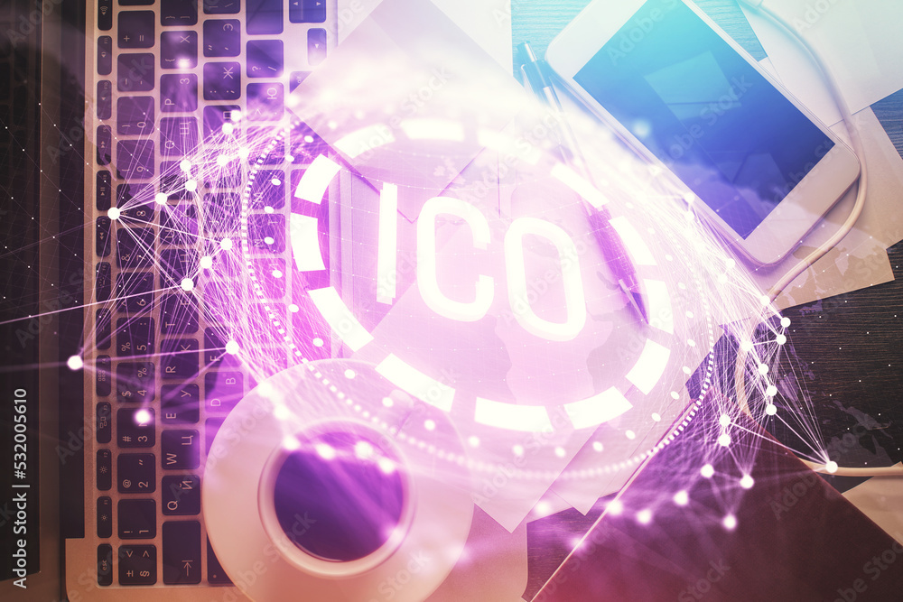 Aufkleber blockchain theme hologram drawings over computer on the desktop background. top view. multi exposure
