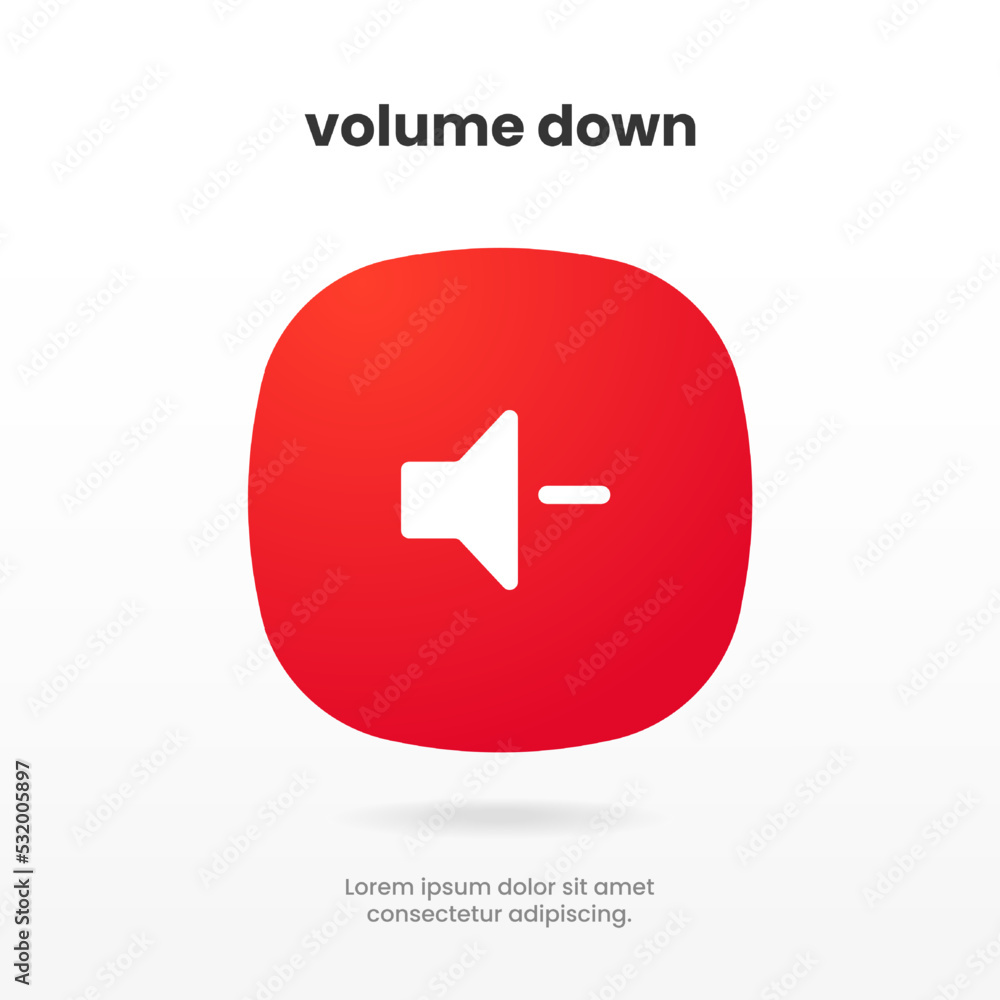Poster 3d speaker and sound icon. Volume down icon. Computer voice icon. Megaphone and music icon. Sound pictogram. Musical note. Audio sign. UI UX element. Sound button. Audio system, noise with soft UI.
