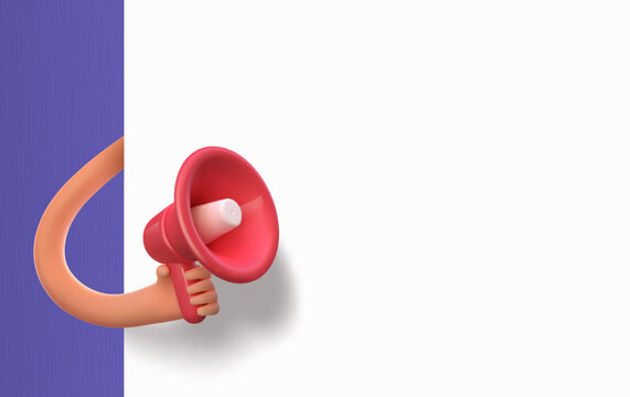 3d Cartoon Hand Holding Loudspeaker Vector Illustration On Empty White Background. Customer Attraction. Social Media Marketing. Advertising Information With Arm And Megaphone