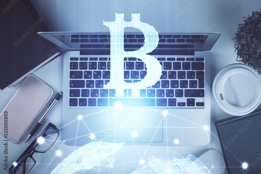 Aufkleber blockchain theme hologram drawings over computer on the desktop background. top view. double exposur
